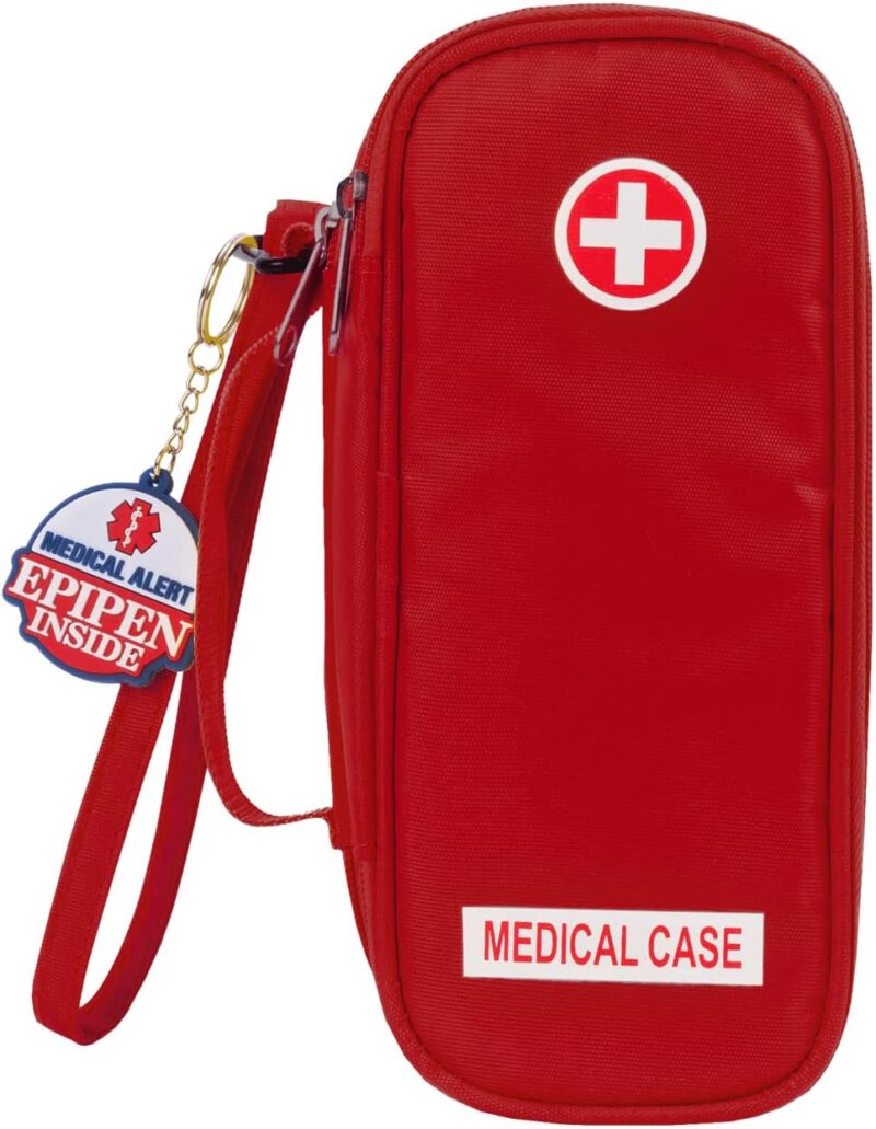 EpiPen Medical Carrying Case Insulated, Travel Medication Organizer Bag Emergency Medical Pouch, Fits 2 EpiPens, Asthma Inhaler, Anti-Histamine, Auvi-Q, Allergy Medicine Essentials, Red : Health & Household