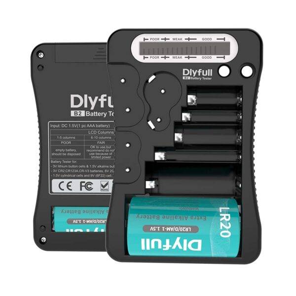 Battery Tester, Dlyfull LCD Display Universal Battery Checker for AA AAA C D 9V CR2032 CR123A CR2 CRV3 2CR5 CRP2 1.5V/3V Button Cell Batteries, 1x AAA batteries included -
