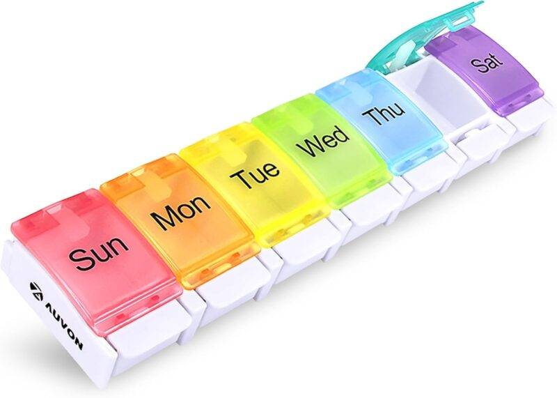 AUVON Weekly Pill Organizer Arthritis Friendly, BPA Free Travel 7 Day Pill Box Case with Spring Open Design and Large Compartment to Hold Vitamins, Cod Liver Oil, Supplements and Medication : Health & Household
