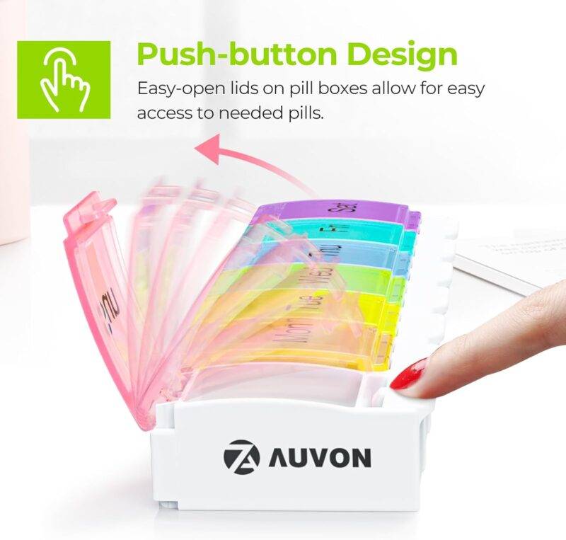 AUVON Weekly Pill Organizer Arthritis Friendly, BPA Free Travel 7 Day Pill Box Case with Spring Open Design and Large Compartment to Hold Vitamins, Cod Liver Oil, Supplements and Medication : Health & Household - Image 2