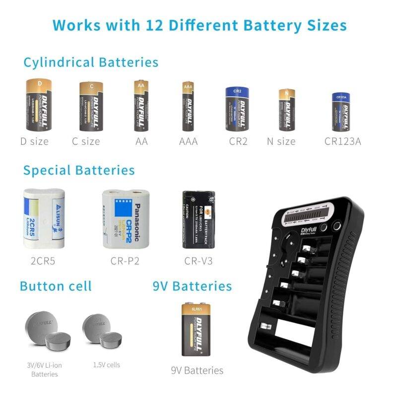 Battery Tester, Dlyfull LCD Display Universal Battery Checker for AA AAA C D 9V CR2032 CR123A CR2 CRV3 2CR5 CRP2 1.5V/3V Button Cell Batteries, 1x AAA batteries included - - Image 2