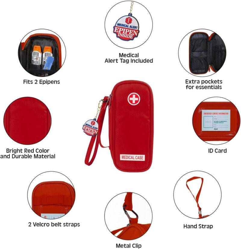 EpiPen Medical Carrying Case Insulated, Travel Medication Organizer Bag Emergency Medical Pouch, Fits 2 EpiPens, Asthma Inhaler, Anti-Histamine, Auvi-Q, Allergy Medicine Essentials, Red : Health & Household - Image 5