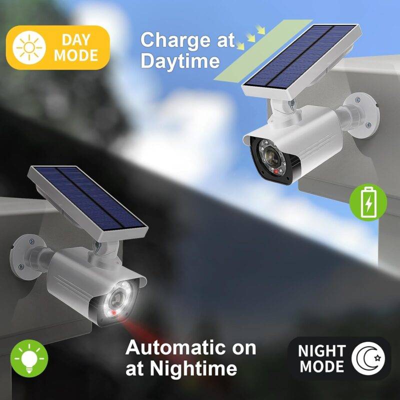 WALI Dummy Fake Camera, Security Camera with Motion Sensor Light, Simulated Surveillance Security CCTV Dome Camera Indoor Outdoor (TCW2-SOL), 2 Packs, White-Solar : Electronics - Image 3