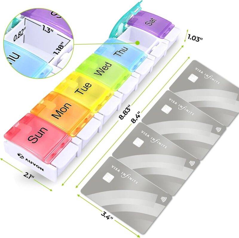 AUVON Weekly Pill Organizer Arthritis Friendly, BPA Free Travel 7 Day Pill Box Case with Spring Open Design and Large Compartment to Hold Vitamins, Cod Liver Oil, Supplements and Medication : Health & Household - Image 6