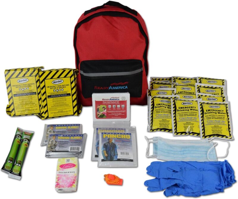 Ready America 70280 72 Hour Emergency Kit, 2-Person, 3-Day Backpack, Includes First Aid Kit, Survival Blanket, Portable Preparedness Go-Bag for Camping, Car, Earthquake, Travel, Hiking, and Hunting, Red : Health & Household