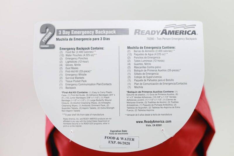 Ready America 70280 72 Hour Emergency Kit, 2-Person, 3-Day Backpack, Includes First Aid Kit, Survival Blanket, Portable Preparedness Go-Bag for Camping, Car, Earthquake, Travel, Hiking, and Hunting, Red : Health & Household - Image 3