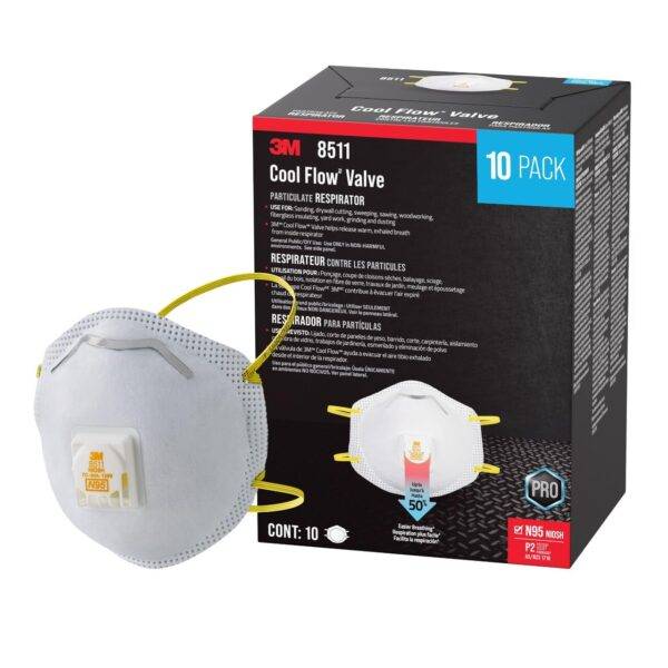 3M N95 Respirator 8511, Cool Flow Valve, 10 Pack, NIOSH-APPROVED, Advanced Filter Media For Easy Breathing, Comfortable For Long Periods Of Wear, Helps Filter Pollen, Mold Spores & Dust (8511PB1-A-PS) - Papr Safety Respirators -