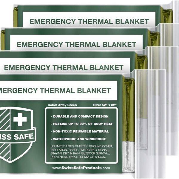 Swiss Safe 4 Pack Mylar Emergency Blankets for Survival - Compact & Insulated for Cold Weather - Designed for NASA, Outdoor, Running, Camping, Survival, First Aid Car Kit - Army Green, 4 Pack : Sports & Outdoors