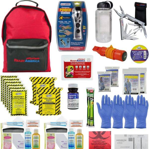 Ready America 72 Hour Deluxe Emergency Kit, 2-Person 3-Day Backpack, First Aid Kit, Survival Blanket, Power Station, Emergency Food, Portable Disaster Preparedness Go-Bag for Earthquake, Fire, Flood - Workplace First Aid Kits -