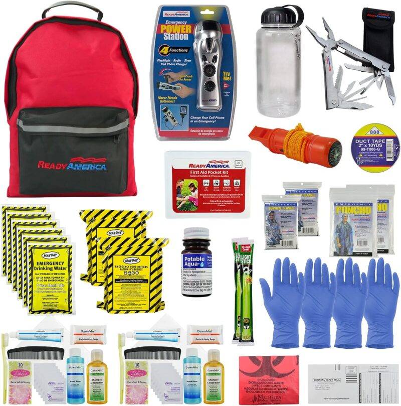 Ready America 72 Hour Deluxe Emergency Kit, 2-Person 3-Day Backpack, First Aid Kit, Survival Blanket, Power Station, Emergency Food, Portable Disaster Preparedness Go-Bag for Earthquake, Fire, Flood - Workplace First Aid Kits -