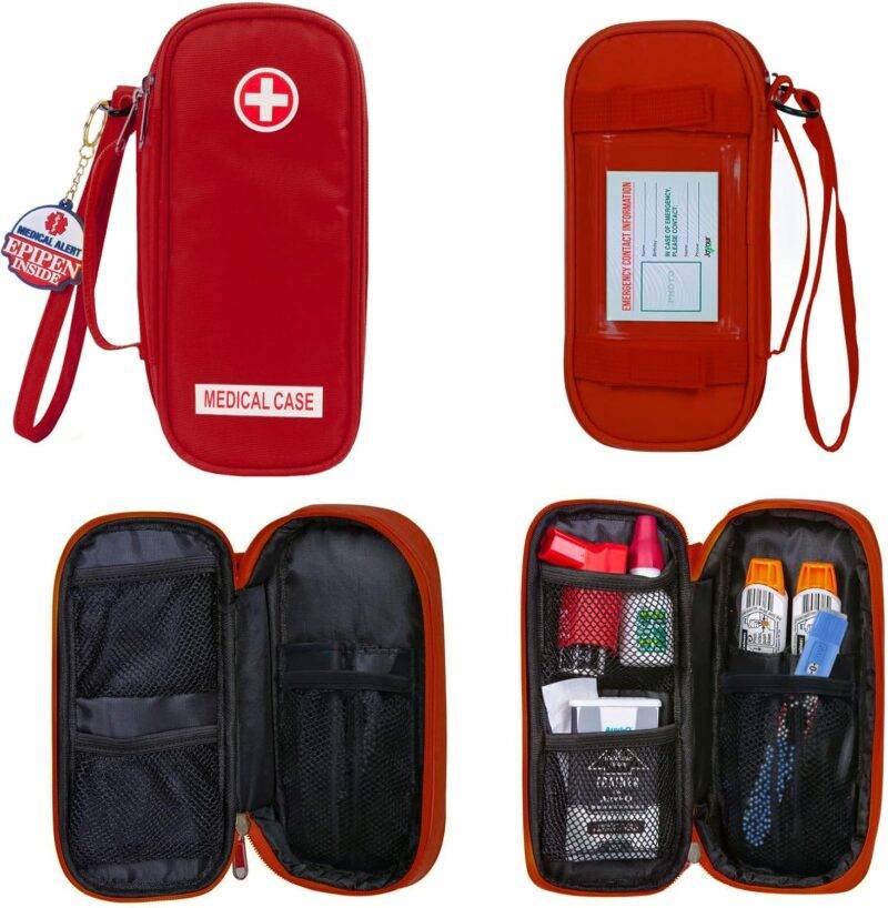 EpiPen Medical Carrying Case Insulated, Travel Medication Organizer Bag Emergency Medical Pouch, Fits 2 EpiPens, Asthma Inhaler, Anti-Histamine, Auvi-Q, Allergy Medicine Essentials, Red : Health & Household - Image 4